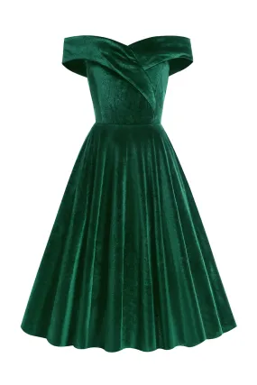 A Line Off the Shoulder Dark Green Velvet Dress