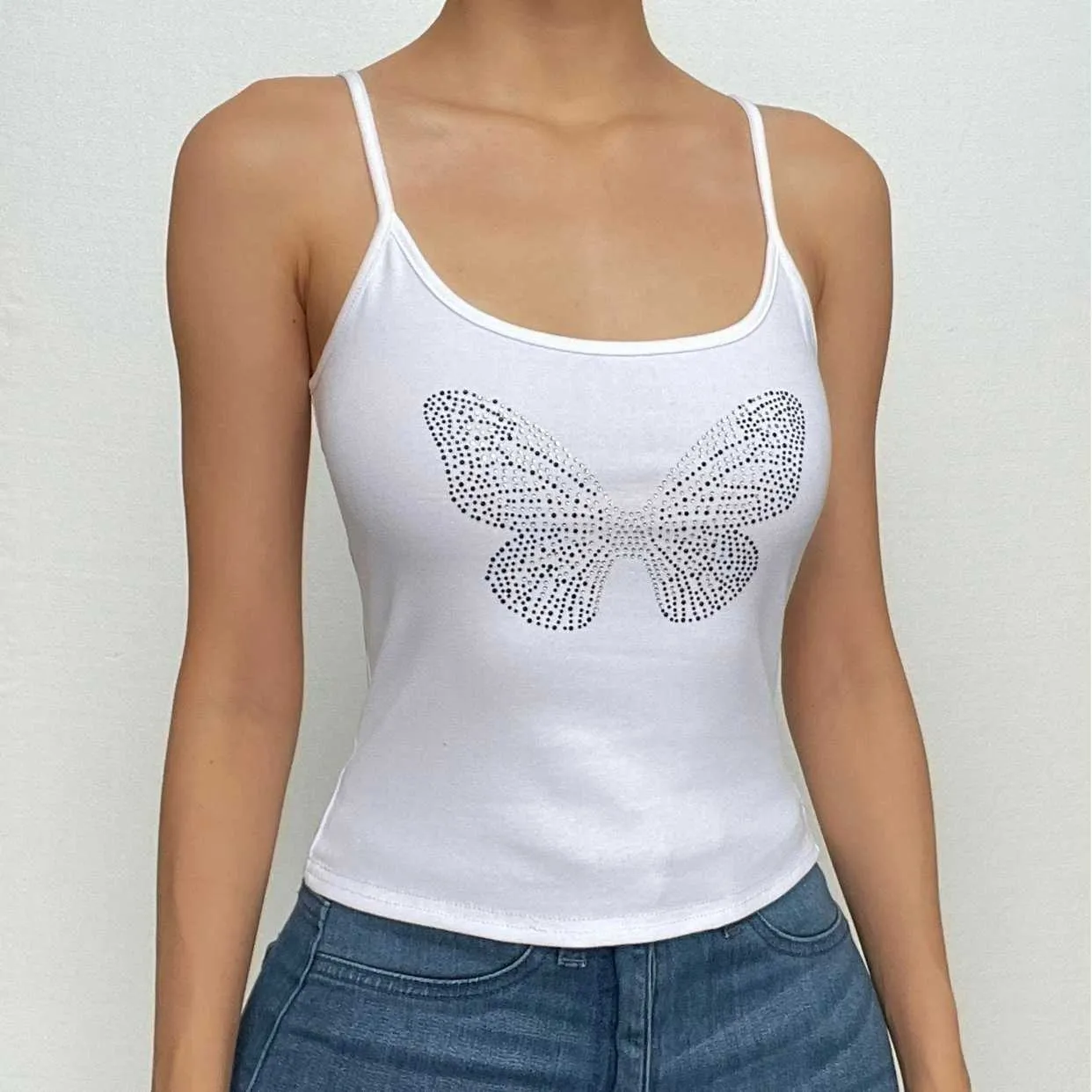 BerryBetty - Beaded u neck backless butterfly pattern cami crop top