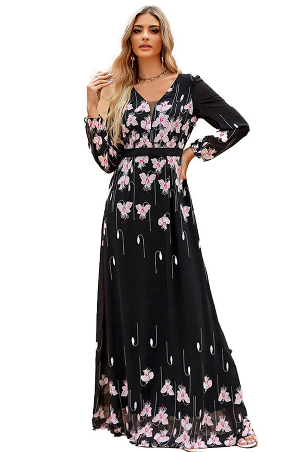 Black A-Line V Neck Print Long Formal Dress With Long Sleeves