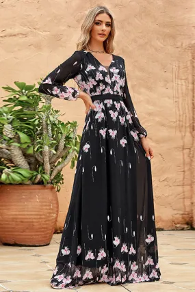 Black A-Line V Neck Print Long Formal Dress With Long Sleeves