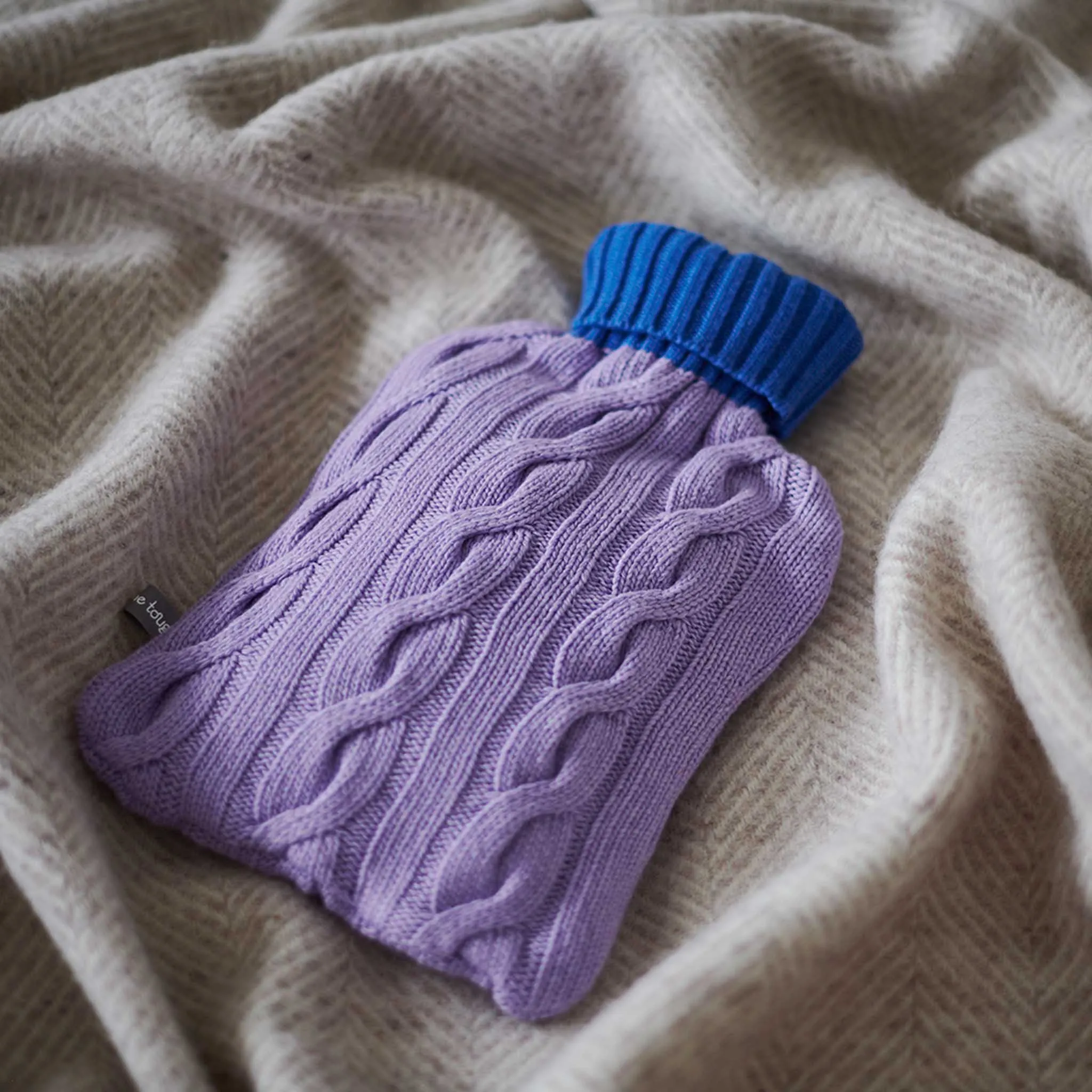 Cashmere Blend Cable Knit Hot Water Bottle Cover - Lilac & Blue