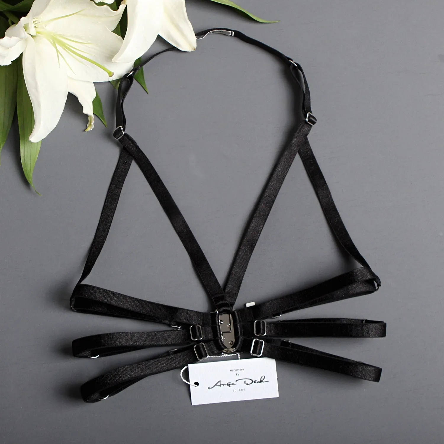 Erotic lingerie sexy black strappy harness cage bra fetish dancewear by Ange Dechu