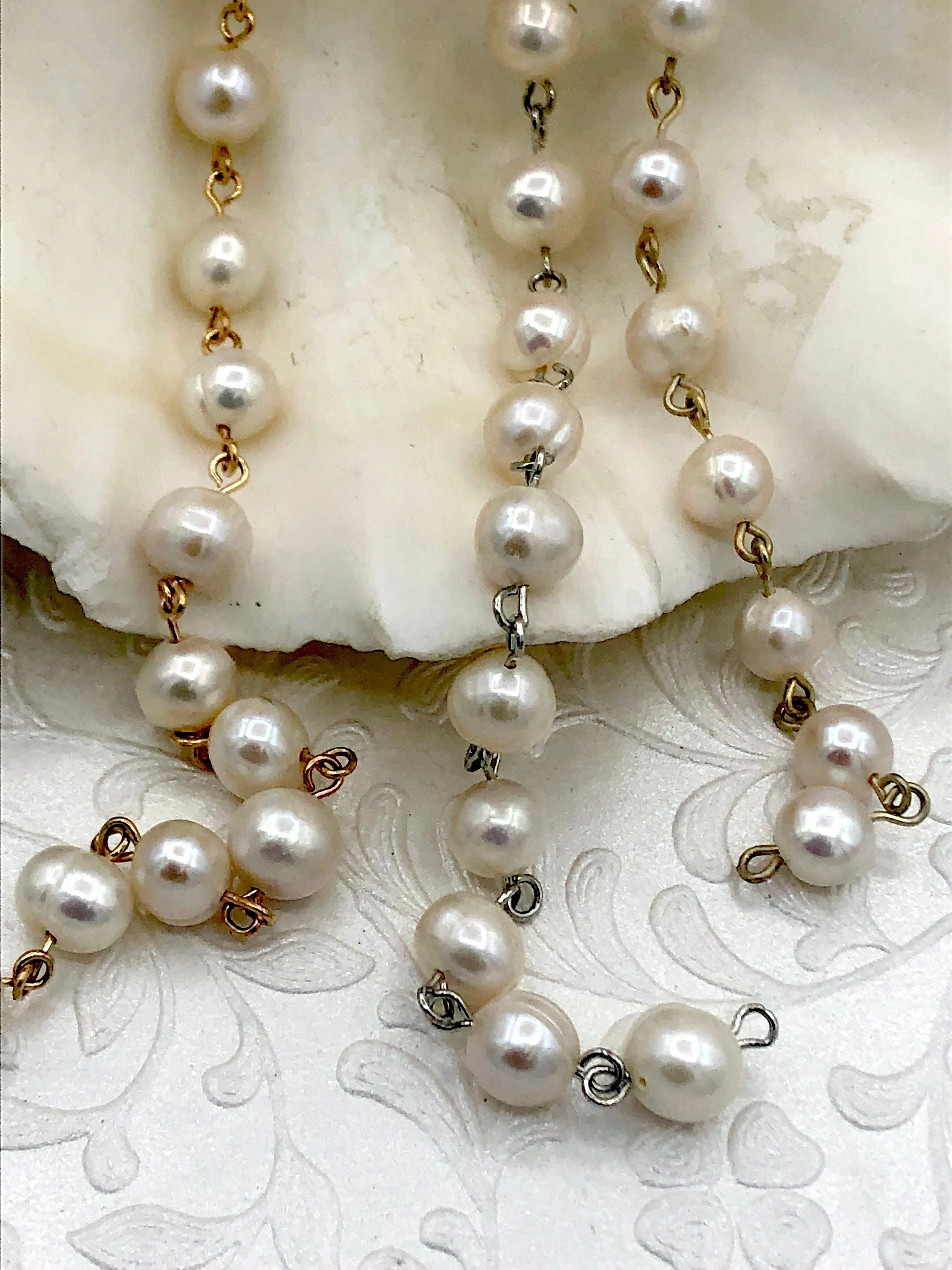 Freshwater AA  9mm White Near Round Freshwater Pearl Beaded Rosary Chain, Natural Freshwater Pearl ,Pearl Chain, Pearl,High Luster,Fast Ship