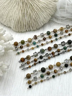 Gemstone Crystal mix Rosary. African Turquoise,Picture Jasper, Agate, Beaded Chain 8mm, 6mm, 4mm 3 pin colors 1 Meter (39 ") Fast Ship