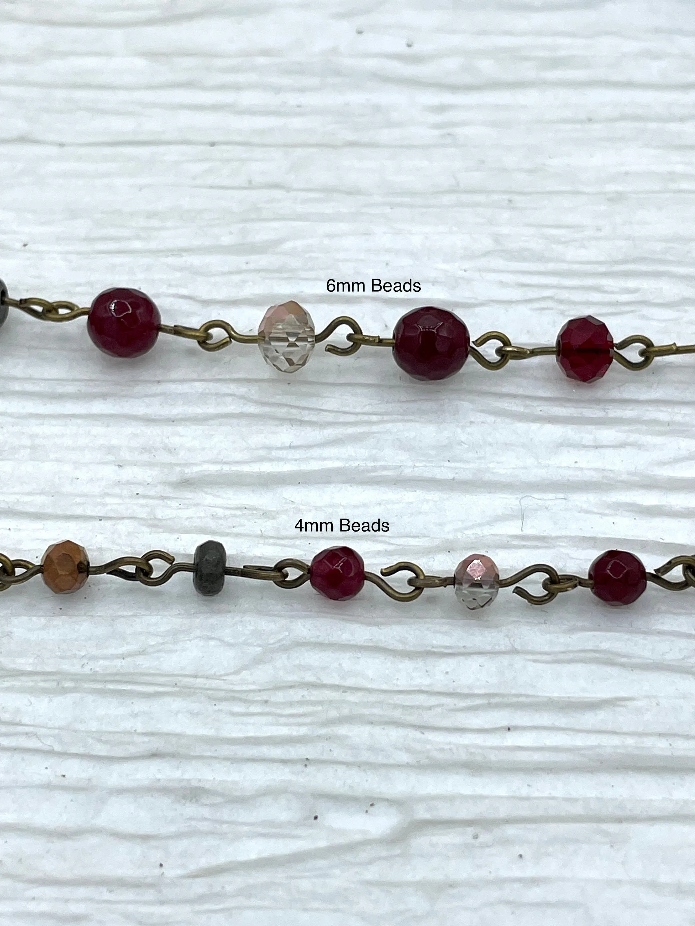 Gemstone Crystal mix Rosary Faceted Red Agate w/Mixed Crystal Shapes,Crystal Beaded Chain 4mm or 6mm Beads, Bronze pin 1 Meter(39")Fast Ship