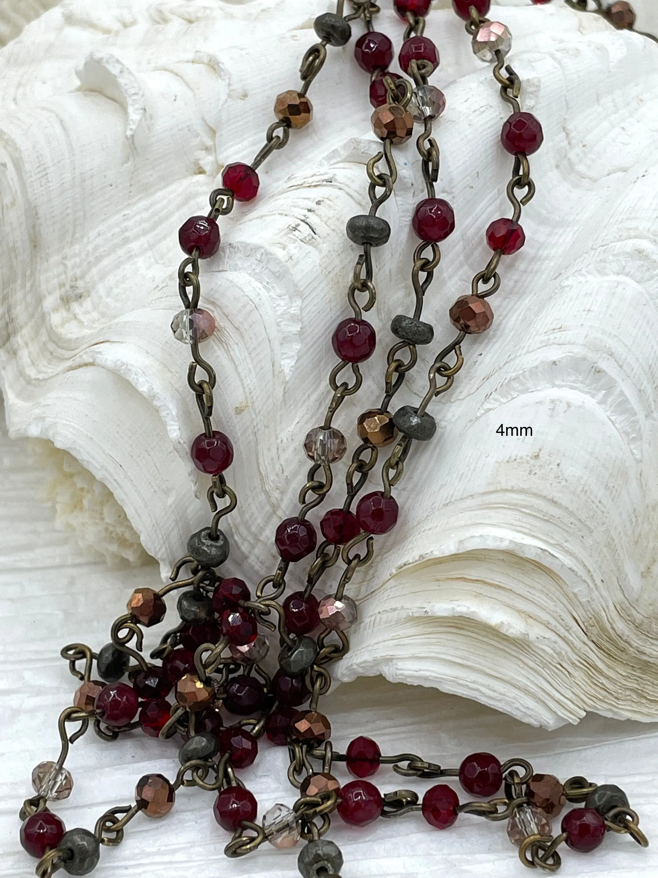 Gemstone Crystal mix Rosary Faceted Red Agate w/Mixed Crystal Shapes,Crystal Beaded Chain 4mm or 6mm Beads, Bronze pin 1 Meter(39")Fast Ship