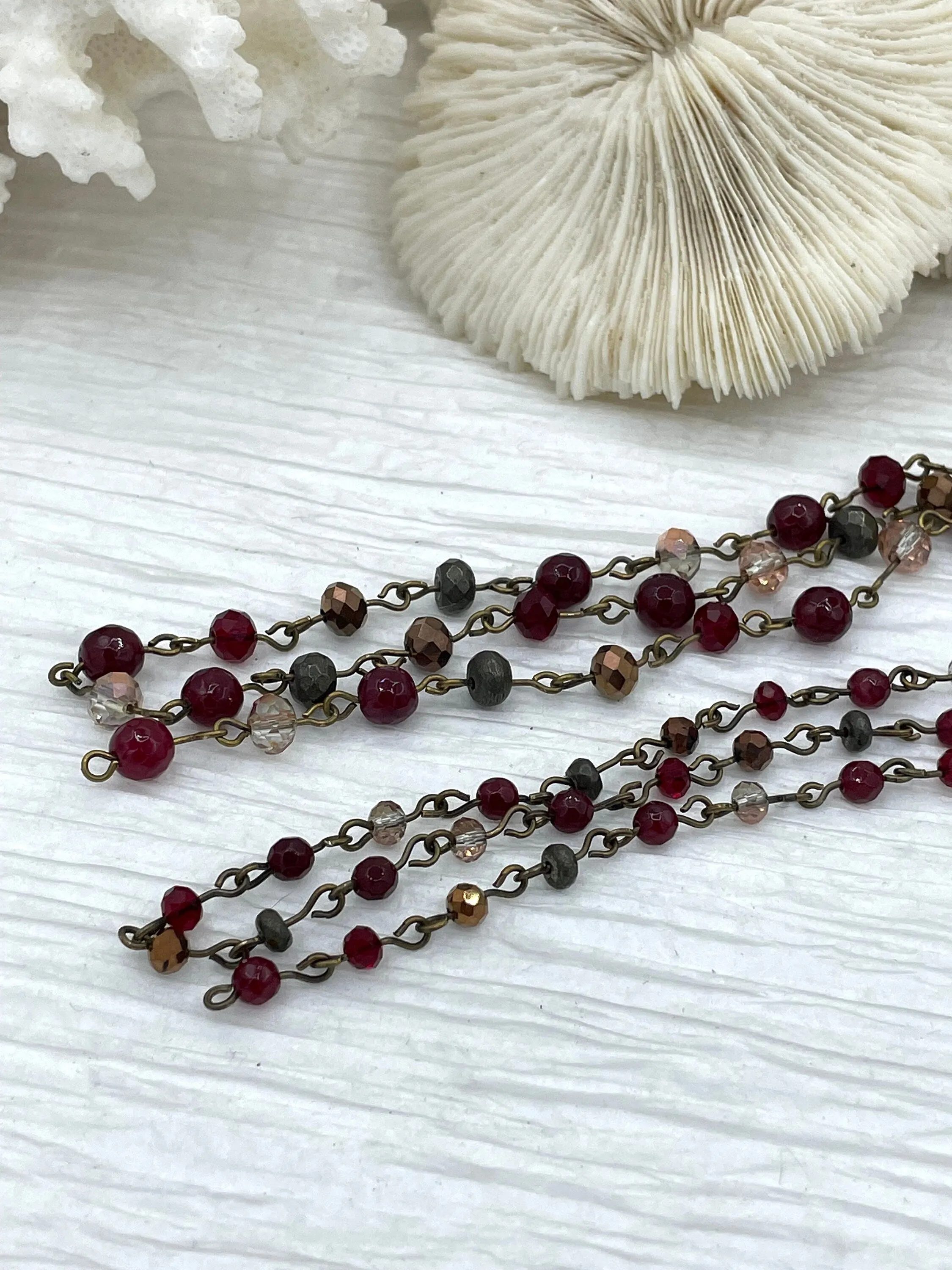 Gemstone Crystal mix Rosary Faceted Red Agate w/Mixed Crystal Shapes,Crystal Beaded Chain 4mm or 6mm Beads, Bronze pin 1 Meter(39")Fast Ship