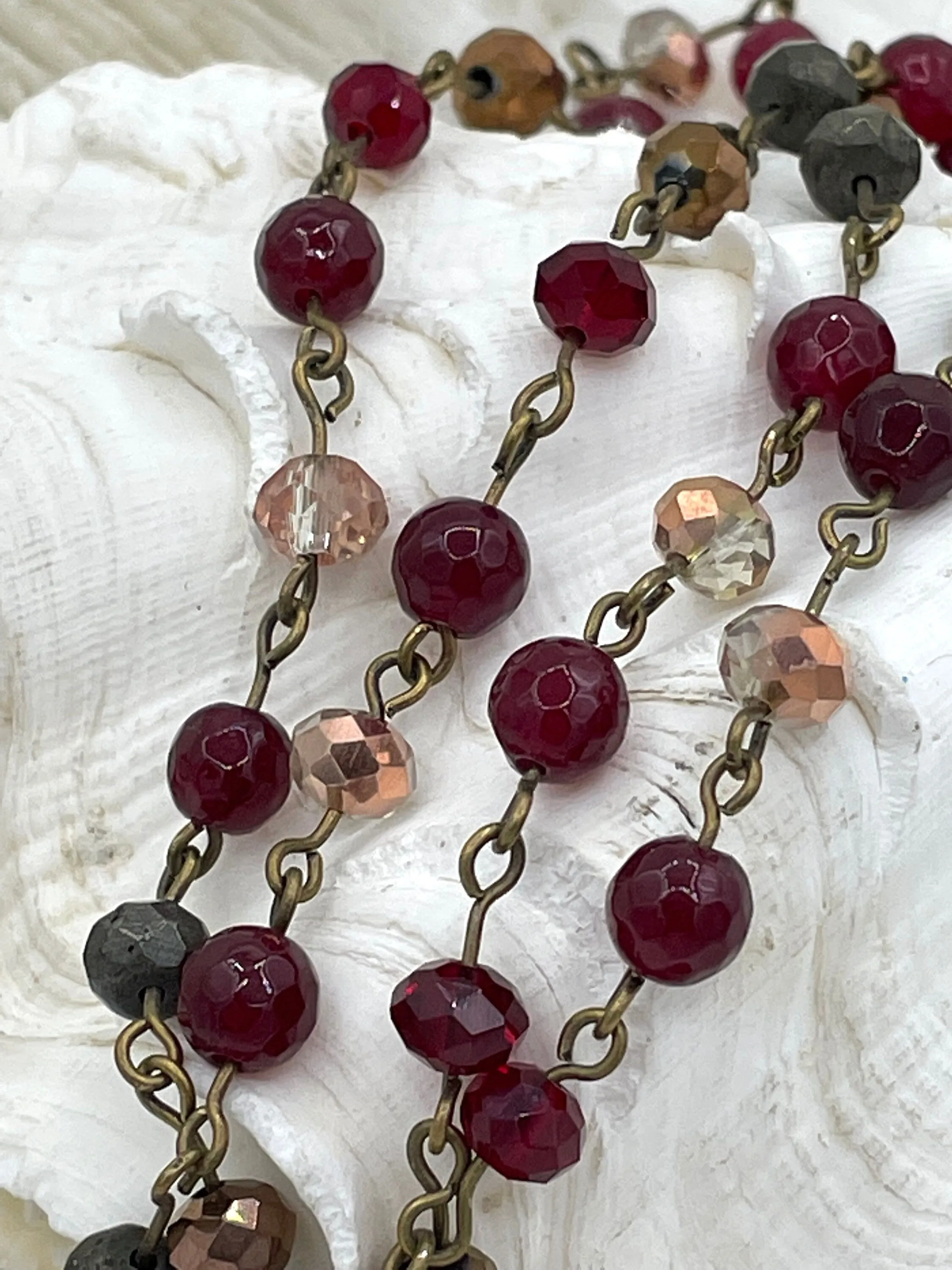 Gemstone Crystal mix Rosary Faceted Red Agate w/Mixed Crystal Shapes,Crystal Beaded Chain 4mm or 6mm Beads, Bronze pin 1 Meter(39")Fast Ship