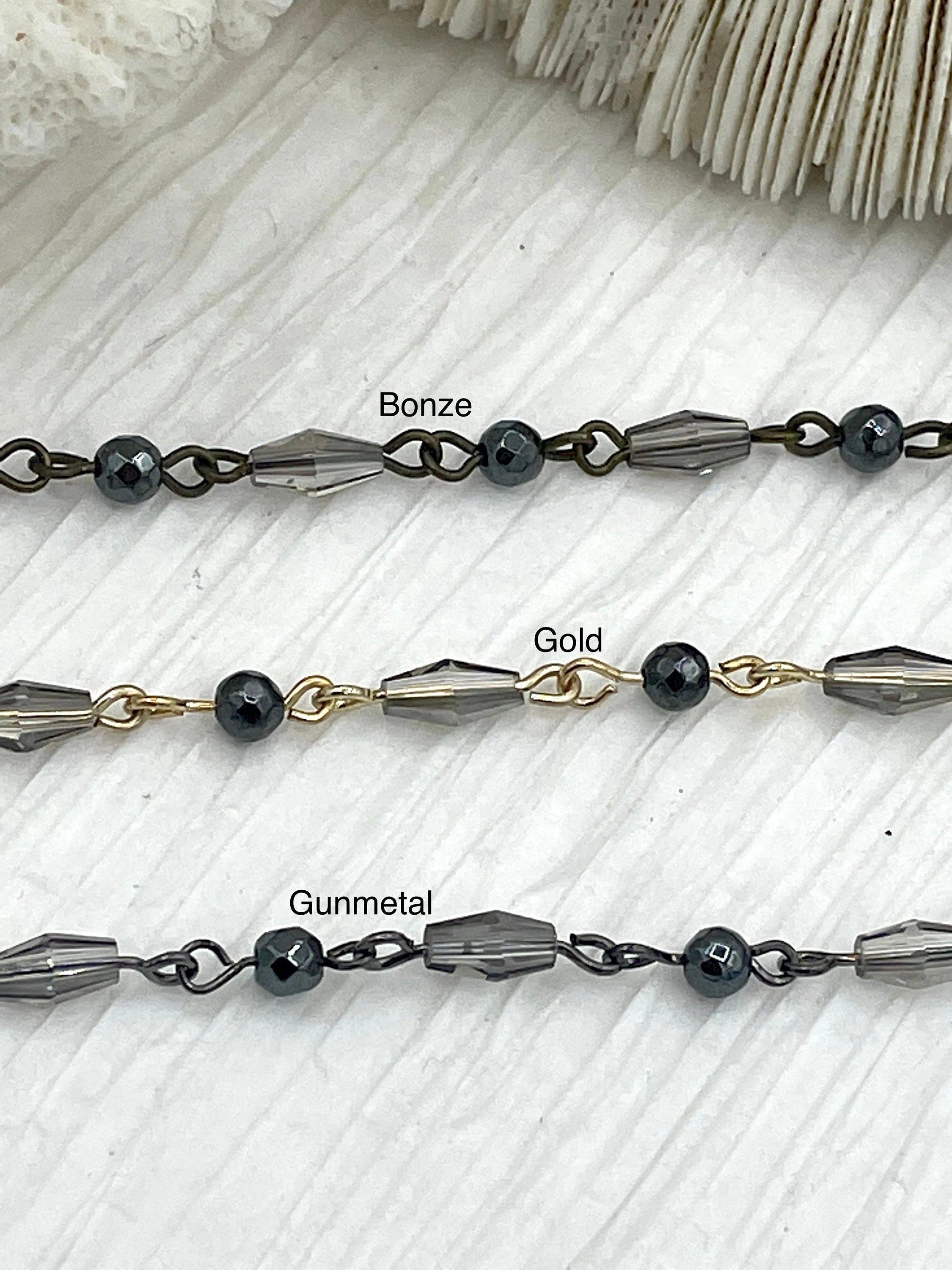 Gemstone Crystal mix Rosary Hematite and Diamond shape Crystal Beaded Chain Bronze, or Gold pin 1 Meter (39 ") Fast Ship