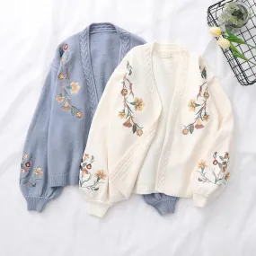 Lantern Sleeve Cardigan with Floral Embroidery