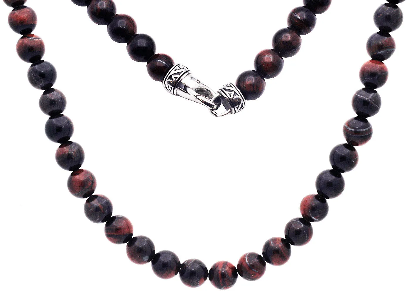 Mens Genuine 8mm Red Tiger Eye Stainless Steel Beaded Necklace