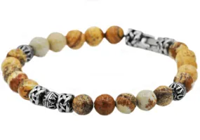 Mens Genuine Jasper Stainless Steel Beaded Bracelet