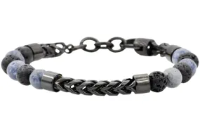 Mens Genuine Labradorite And Onyx Black Plated Stainless Steel Beaded And Franco Link Chain Bracelet With Adjustable Clasp