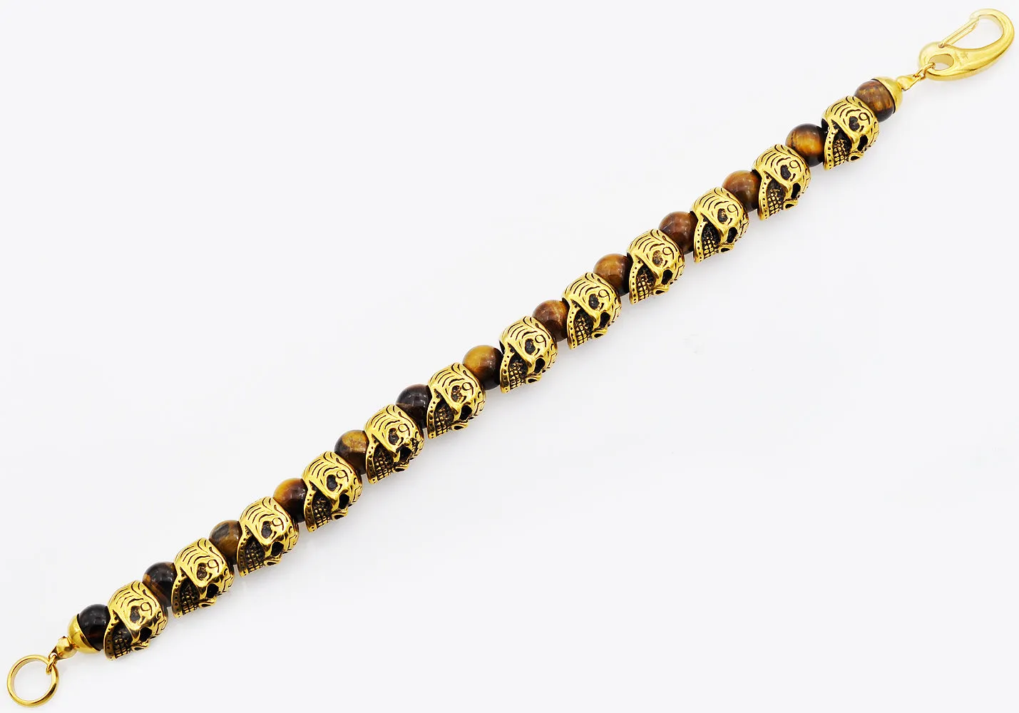 Mens Genuine Tiger Eye Gold Stainless Steel Skull Beaded Bracelet