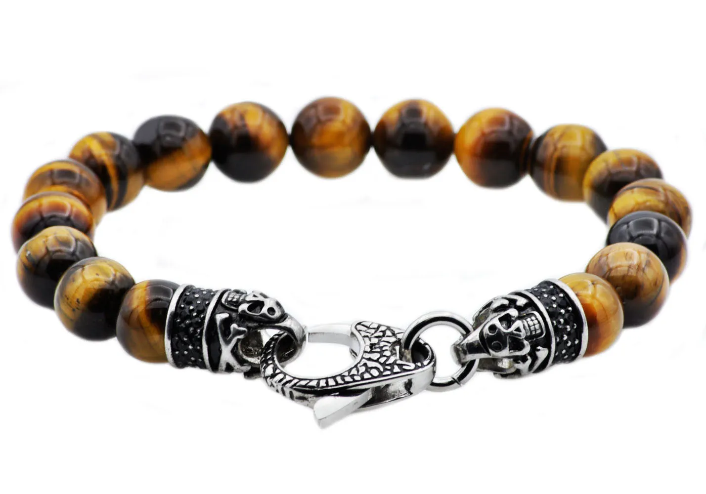 Mens Genuine Tiger Eye Stainless Steel Beaded Bracelet With Black Cubic Zirconia