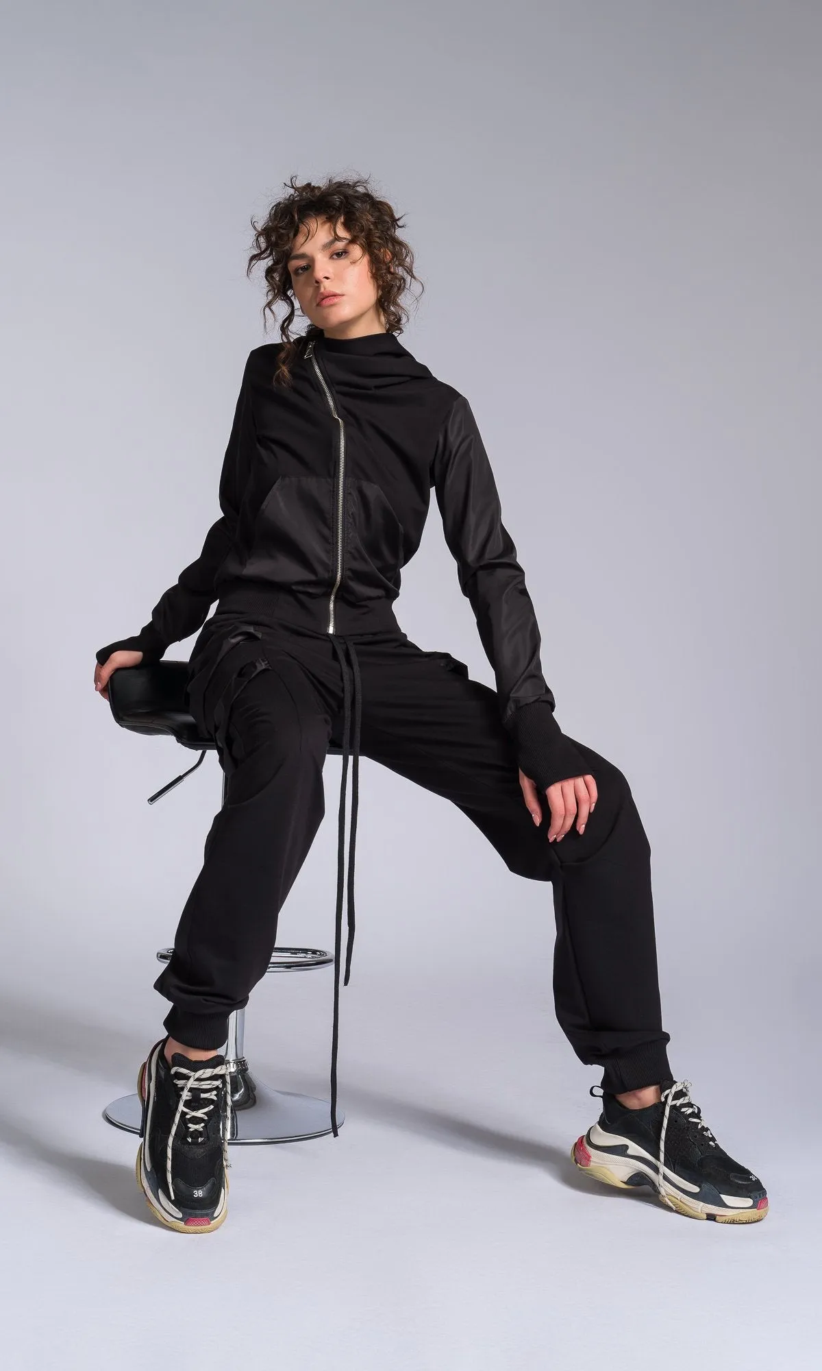 Mixed Fabric Hoodie with Asymmetric Closure