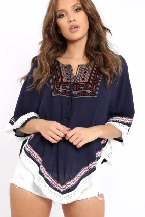 Navy Embroidered Diamante Kaftan - Kaylee