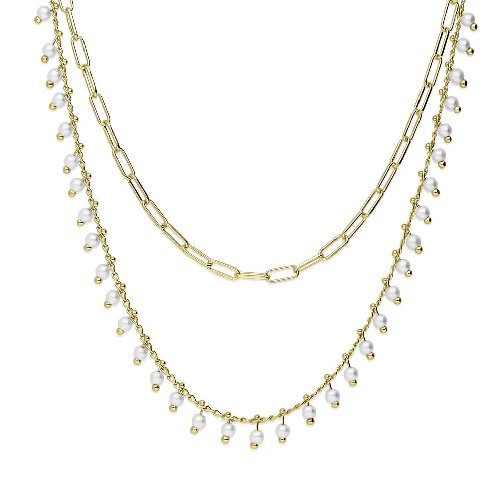 Paperclip Imitation Pearl Link Chain Necklace, 2 Piece