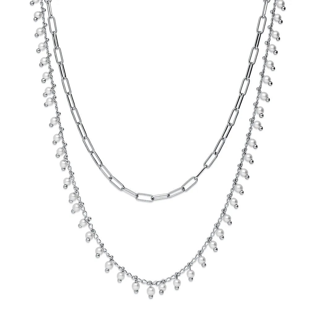 Paperclip Imitation Pearl Link Chain Necklace, 2 Piece