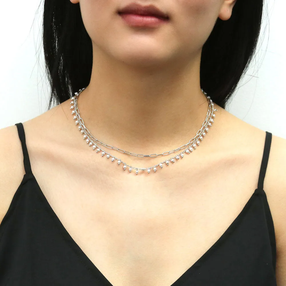 Paperclip Imitation Pearl Link Chain Necklace, 2 Piece