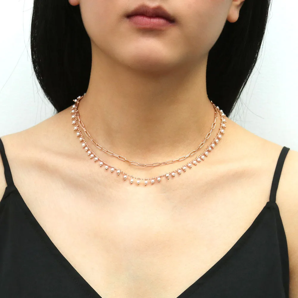 Paperclip Imitation Pearl Link Chain Necklace, 2 Piece