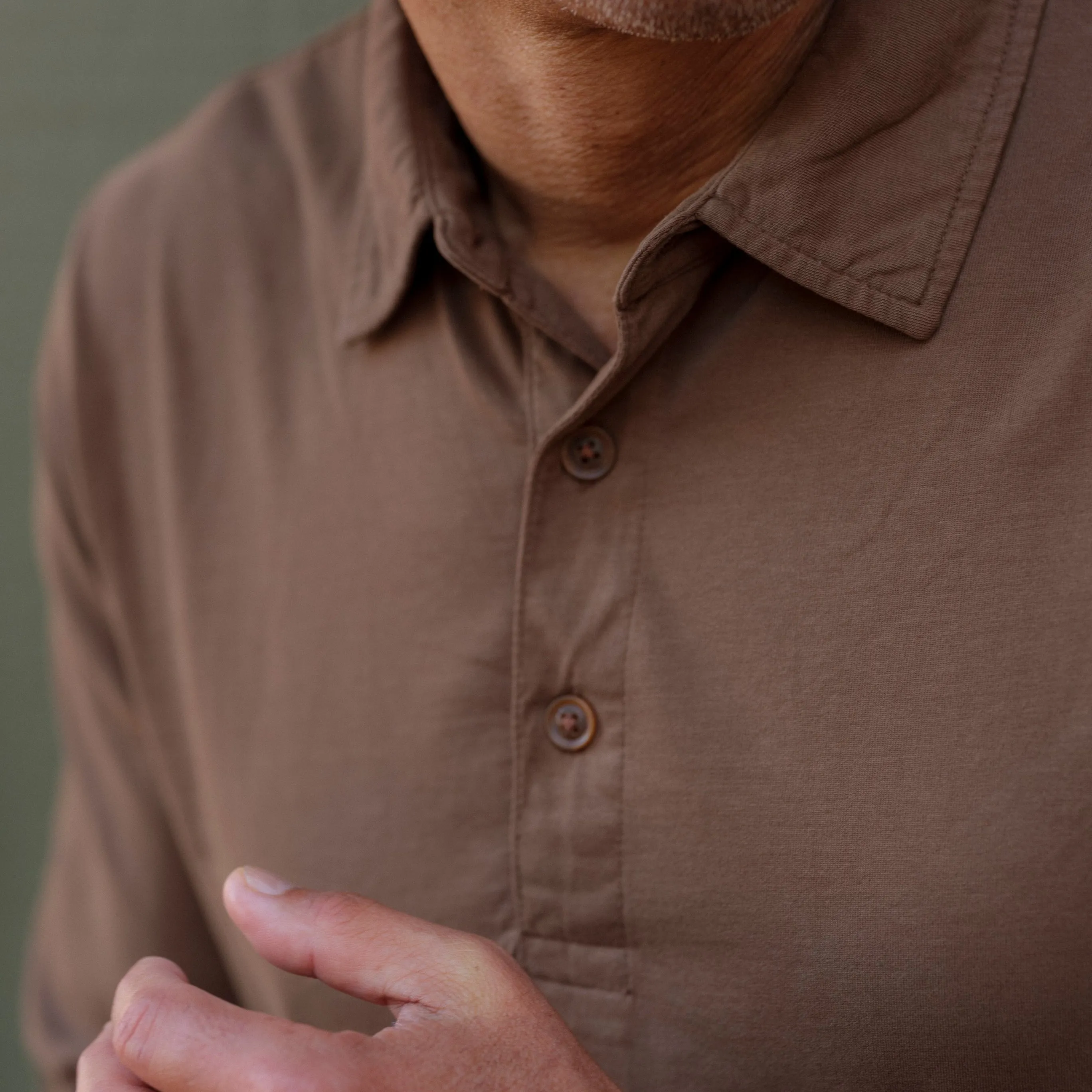 Pima Cotton Long Sleeve Polo - Dark Earth