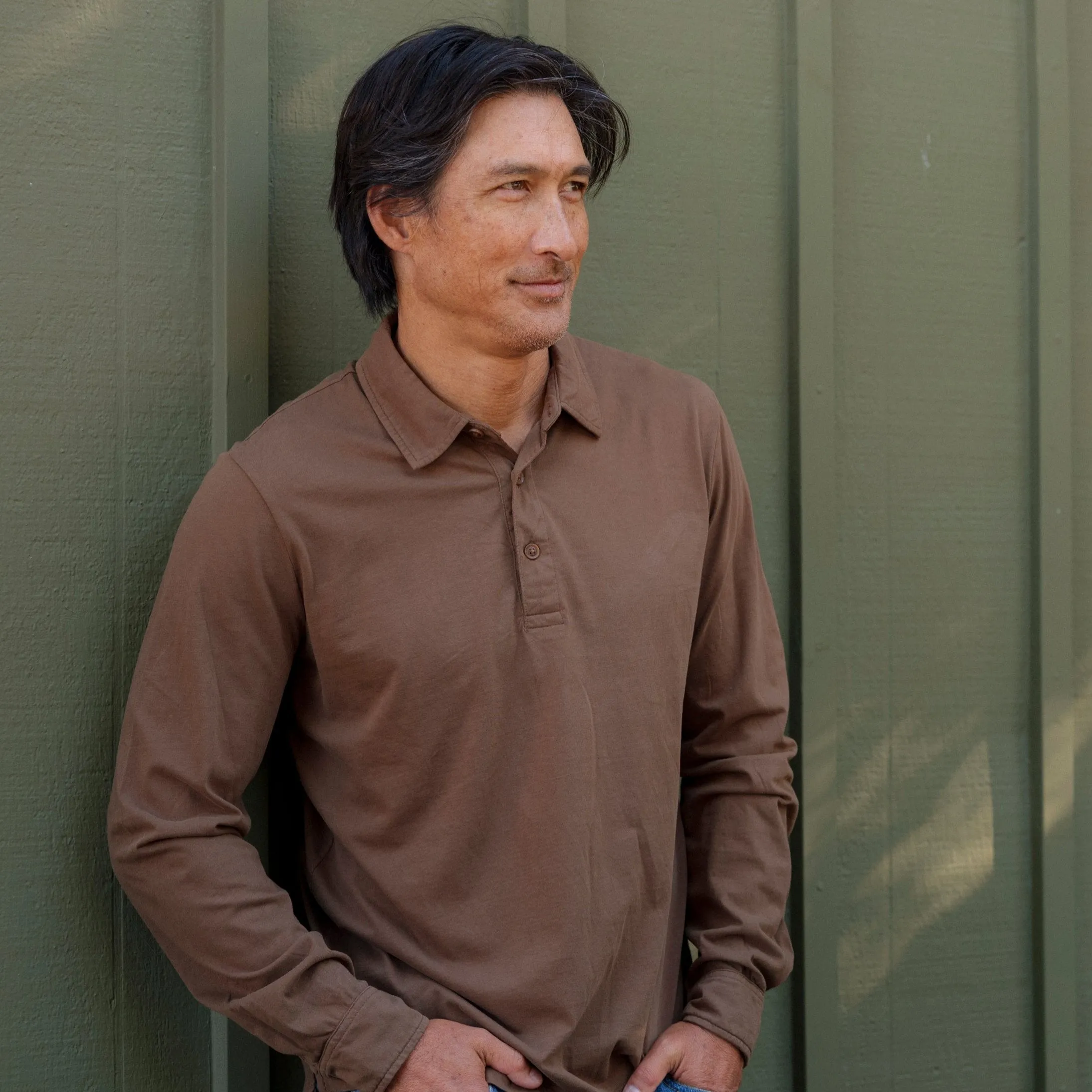 Pima Cotton Long Sleeve Polo - Dark Earth