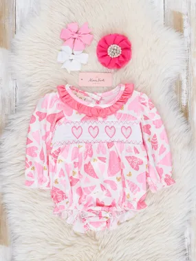 Pink Hearts Smocked Ruffle Bubble