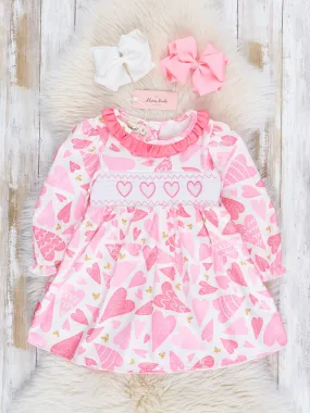 Pink Hearts Smocked Ruffle Dress