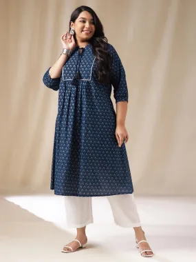 Plus Size Indigo Cotton Floral A-Line Kurta