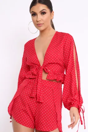 Red Polka Dot Frill Tie Crop Top - Anaiya