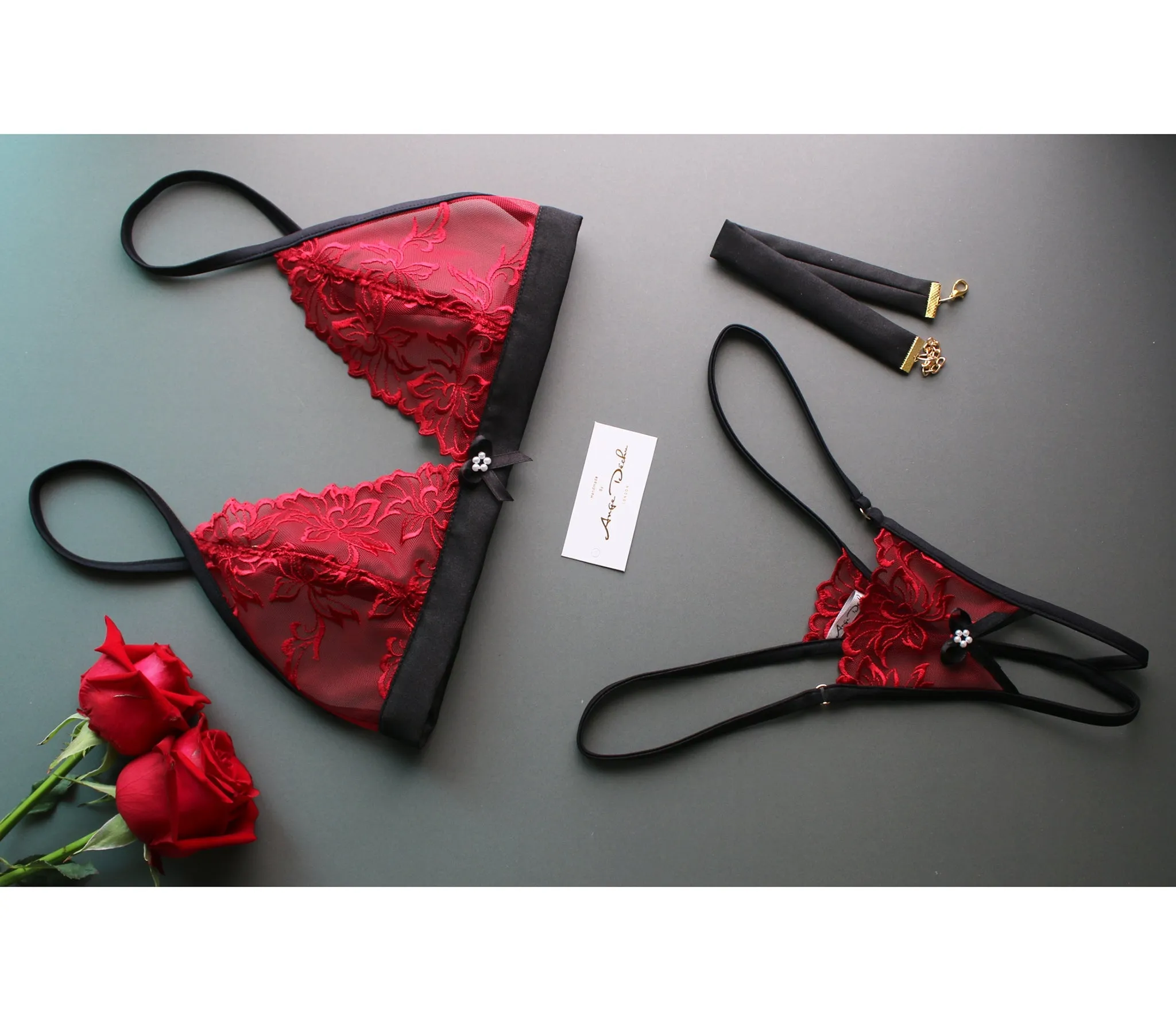 See through lingerie set with crotchless G string panties in red lace with black trim sexy sheer boudoir lingerie