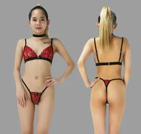 See through lingerie set with sexy red lace G string panties with black trim