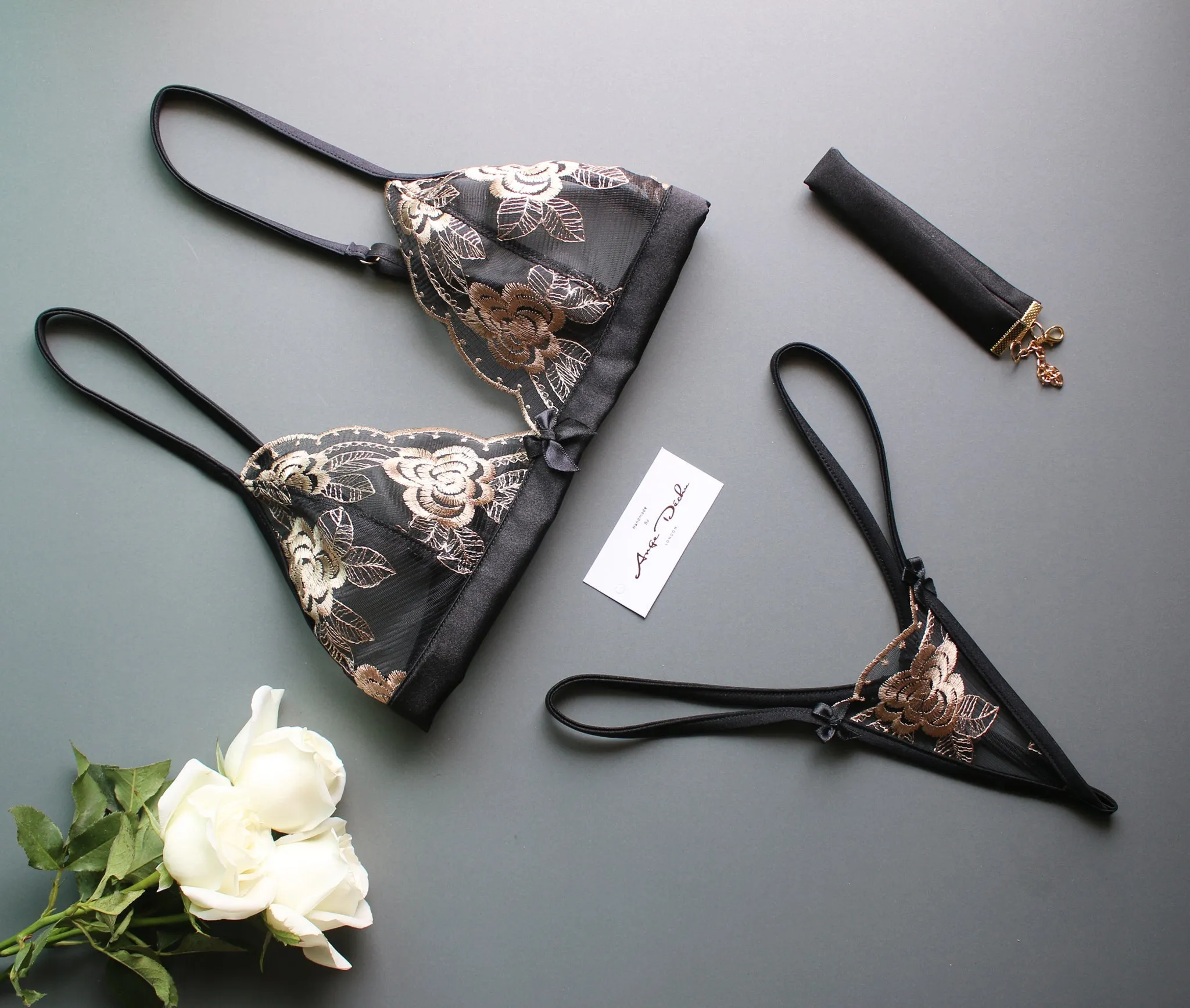 Sexy see through lingerie set with micro G string panties in black and gold lace with black trim sexy sheer boudoir lingerie