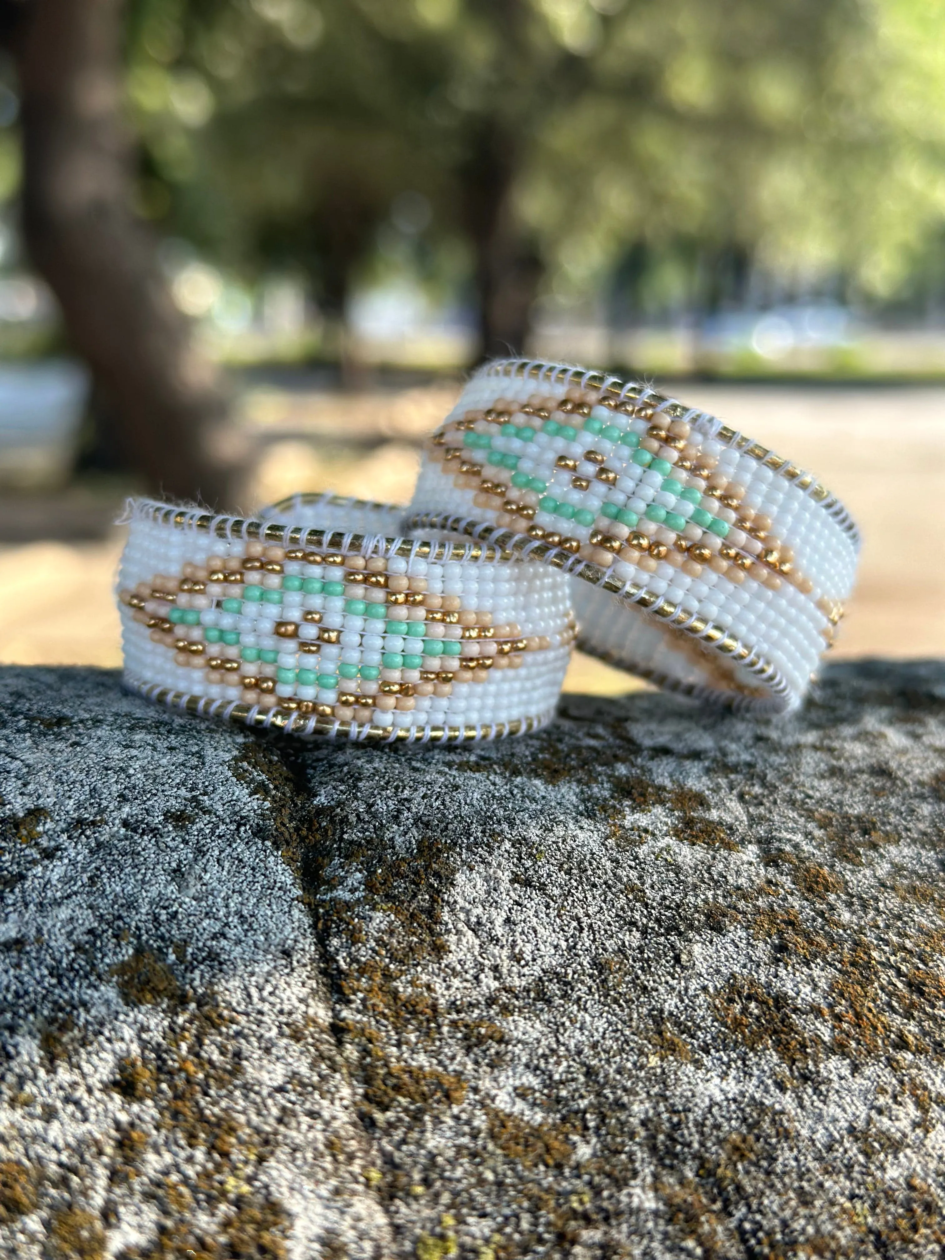 The Aropapoe White, Mint & Gold Hoop Bead  Earrings