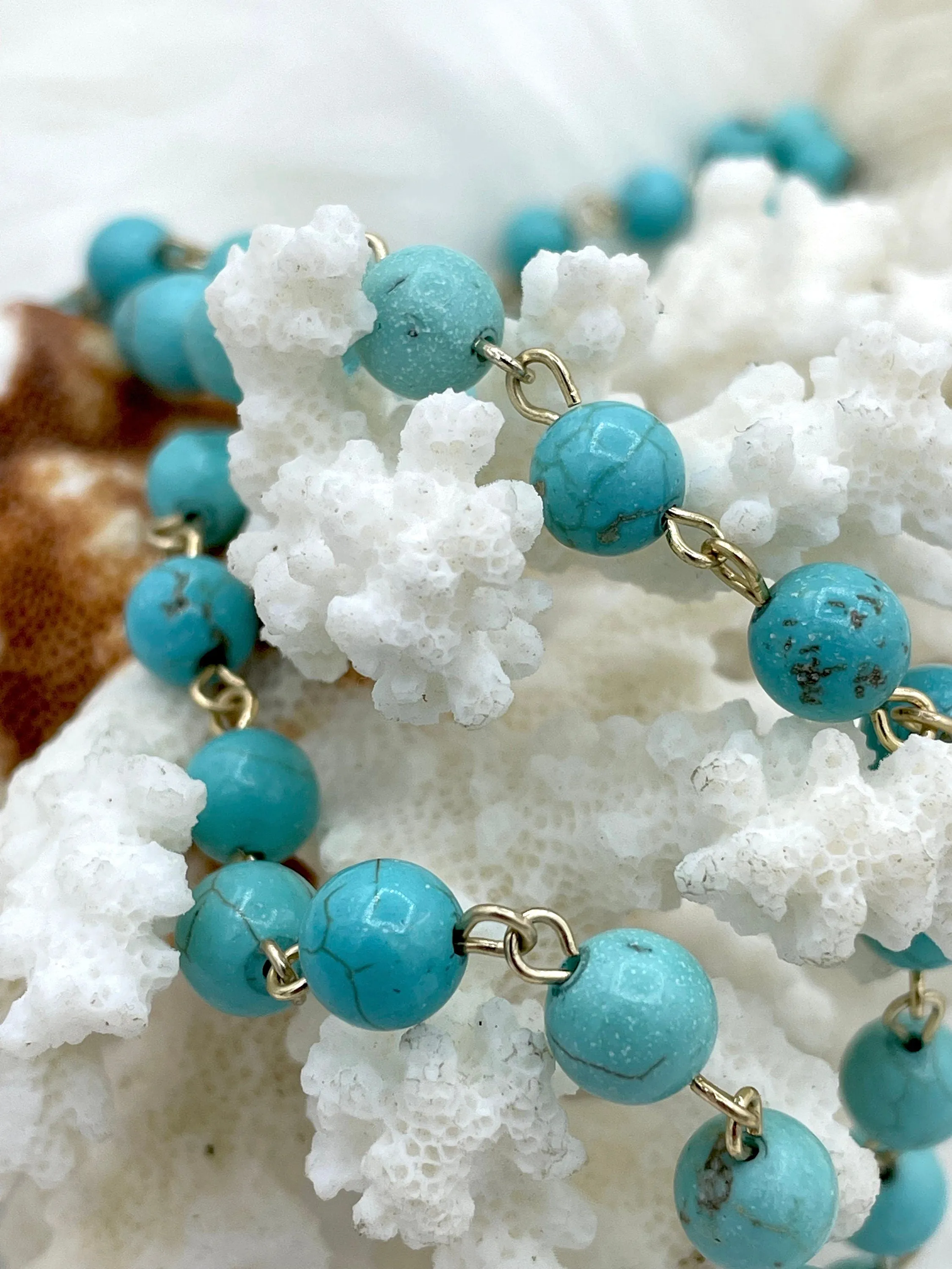 Turquoise Howlite Rosary Chain, Gold wire links, 6mm or 8mm round stone beaded chain 1 Meter (39 inches) Fast Ship