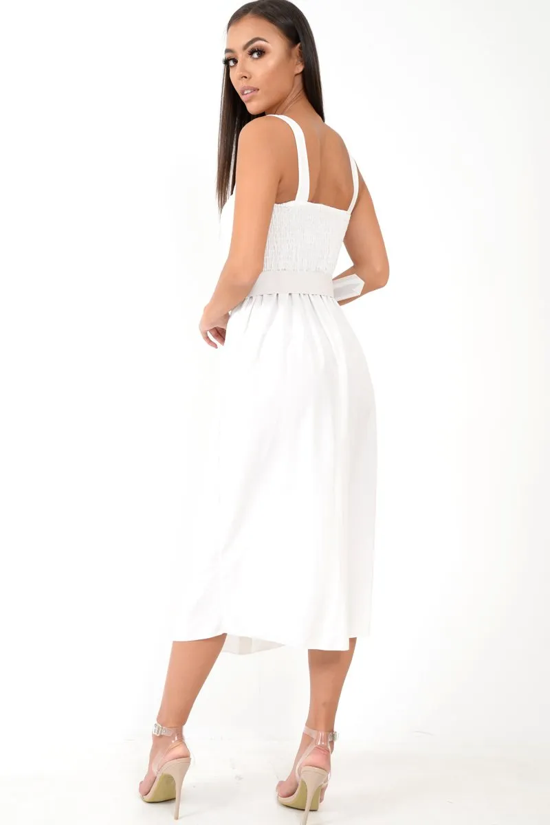 White Button Front Belted Midi Dress - Caela