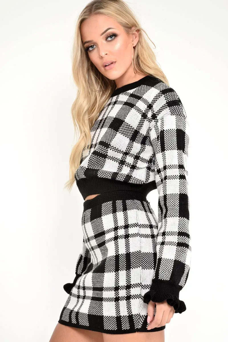 White Check Frill Cuff Knit Jumper - Lanelle